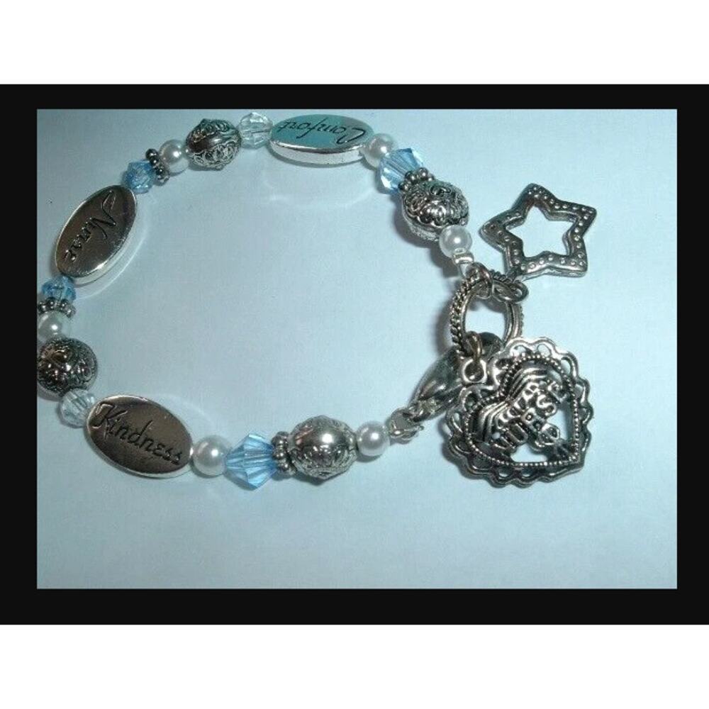 Nurses Blue Crystal White Pearl Silver Kindness Comfort Charm Bracelet Gift